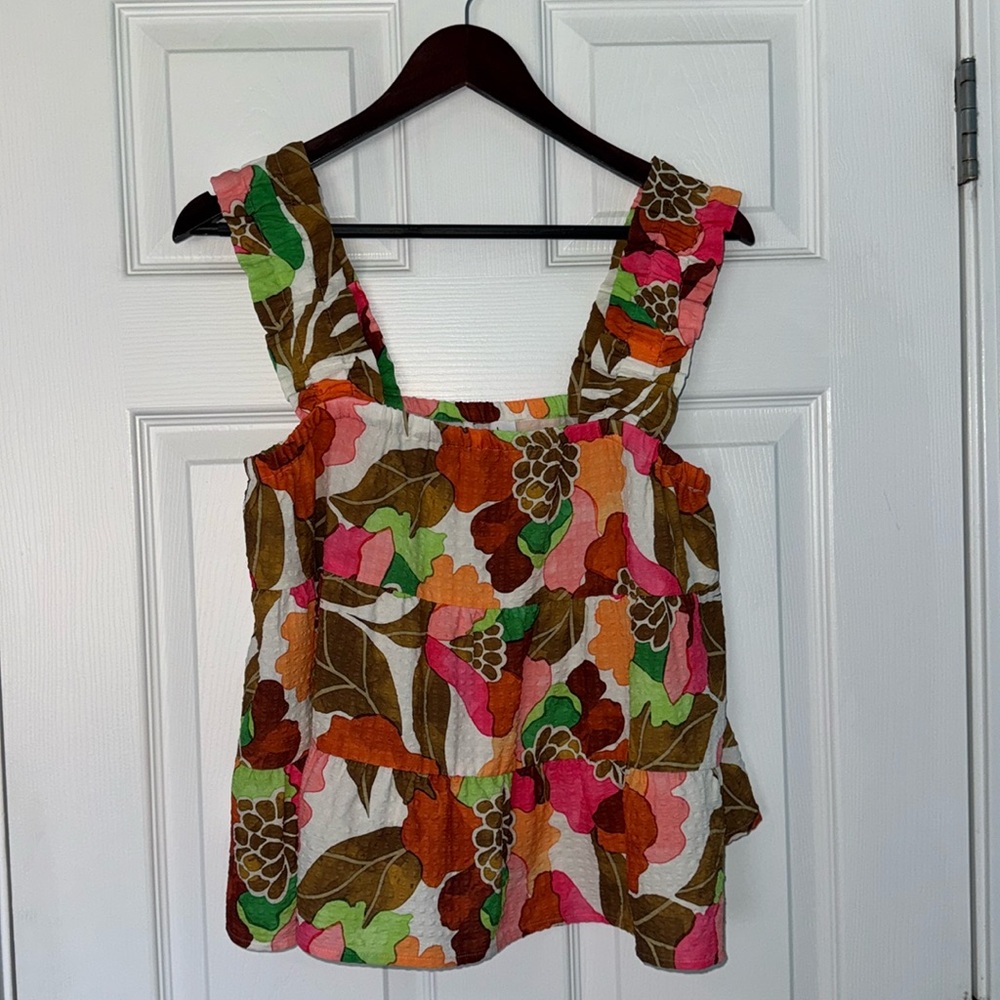 THML Sleeveless Floral Print Ruffle Straps White Brown Orange Top Size Small NWT
